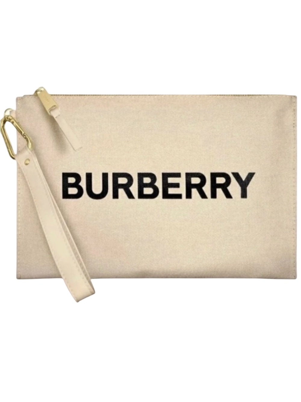 Authentic Burberry Beige Minimalist Bold Canvas Logo Wristlet Clutch